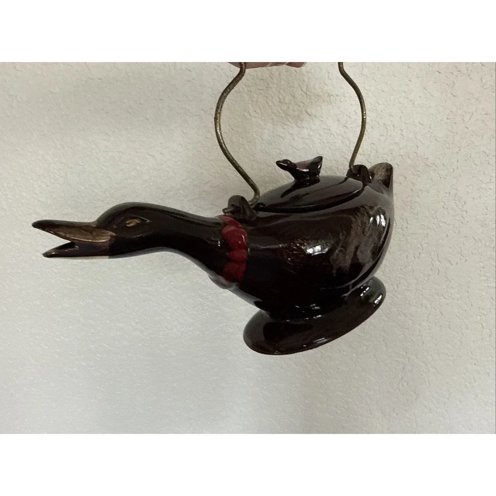 Vintage 1950's Redware Bird  Shaped Teapot with Metal Spirl Handle 10in Long